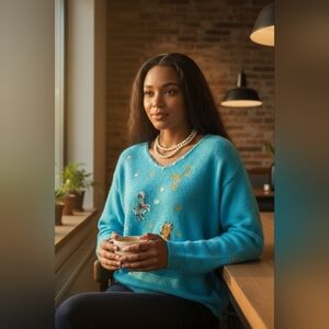 Ri Designs Fun Stuff (Custom Made)Turquoise V-Neck Sweater with Animal Motifs